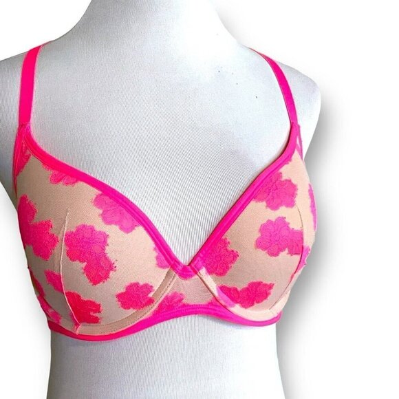 Victorias Secret 36C Bra Pink Tan Floral Lace Padded Push Up Underwire Racerback - Picture 2 of 7
